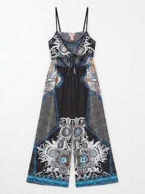 Flying Tomato Black Printed Maxi Jumpsuit with Blue & White Accents